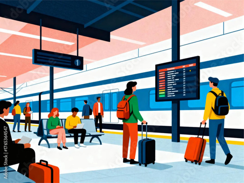 People waiting for train on a platform at a modern station with digital displays and luggage