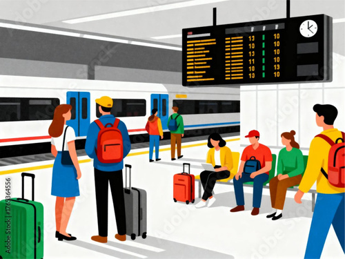 Diverse travelers waiting with luggage on a busy modern train station platform, checking departure schedules before embarking on their urban journey