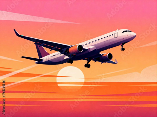 Sunset Flight Airplane soaring above the sunset, embodying dreams of travel and escape