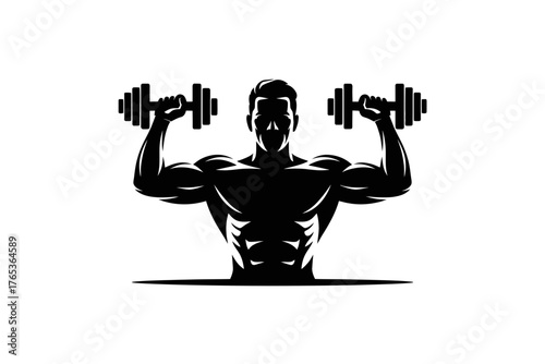 Silhouette of a muscular man lifting dumbbells to showcase strength and fitness during a workout.