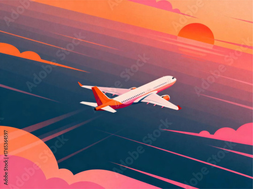 Commercial Airplane Flying Through Colorful Clouds at Sunset with Sun Setting Behind