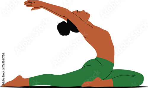A person gracefully performs a yoga pose, stretching their arms overhead.