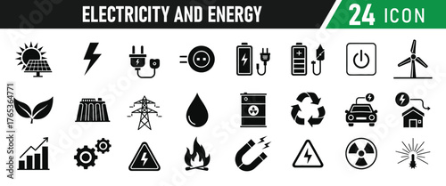 Electricity and energy icon set. Lightbulb, Battery, Power Plant, Lightning Bolt, Solar Panel, Power Line, Fuel Pump, Atom, Gauge, Recycle Symbol. Vector silhouette illustration