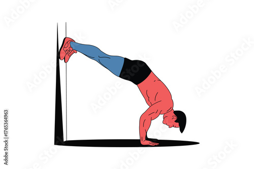 A man performs a handstand push-up against a wall for a fitness workout.