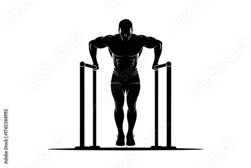 A muscular silhouetted figure performs dips on parallel bars in a gym.