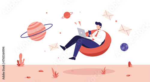 Man working on laptop in space, creative digital illustration.