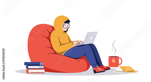 Person Focused on Laptop Sitting on Beanbag Chair.