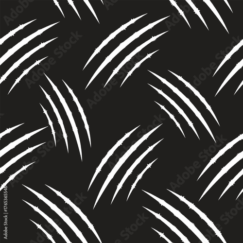 Seamless claw marks pattern with white scratch slashes on black background. Wild animal claw tear texture for horror design, textile print, wallpaper, or digital graphic concept.