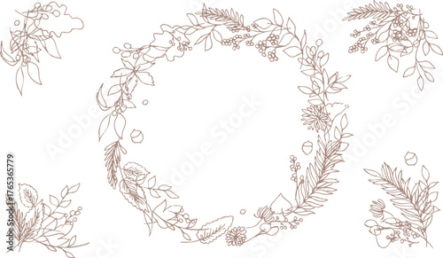 草木の線画イラスト。秋の草木のベクターフレーム。冬の植物シンプル背景。
Line art illustration of plants. Vector frame of autumn plants. Simple background of winter plants.