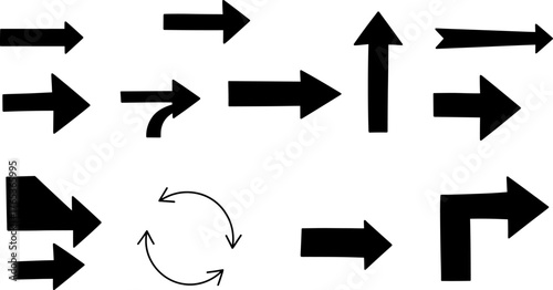 Collection of Hand Drawn Black Arrows Pointing in Various Directions Keywords: arrow, direction, pointer, symbol, sign, graphic, design, shape, left, right, up, down, curved, bent, straight, thick