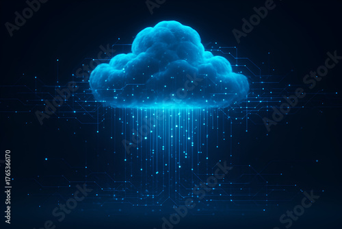 Cloud Computing: A striking visual representation of cloud computing. Digital data streams cascade downwards, and the serene backdrop is the blue of the night sky.