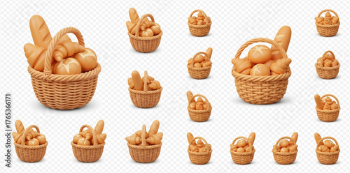 Wicker baskets filled with bread and pastries on a transparent background.