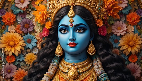 Goddess shyama Kali face in the flowers patterns background, Kali Puja celebrated and diwali festival.