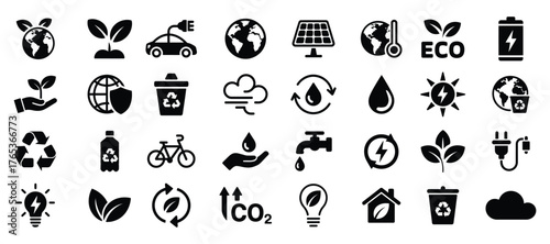 Comprehensive ecology and sustainability icon set for environmental awareness and green living initiatives isolated on white background