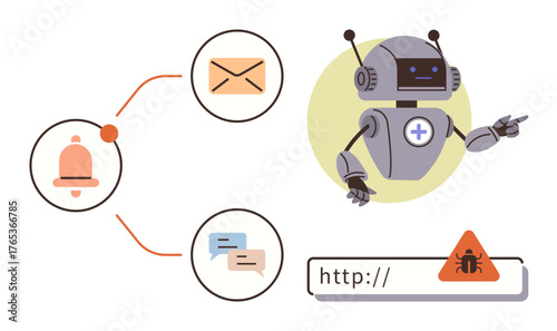 Robot scanning for threats, focusing on alerts, email, and chat icons, malware warning. Ideal for cybersecurity, automation, technology, AI threat detection online safety simple flat metaphor