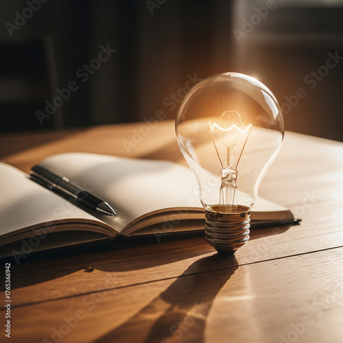 Illuminated idea concept A vintage-style lightbulb glowing brightly above an open notebook with a pen, symbolizing creativity and inspiration