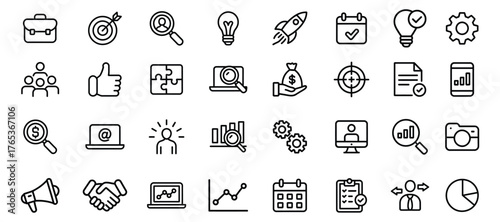 Collection of business management line icons representing strategy growth and analytics isolated on white background