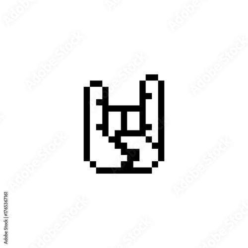 Sign of the horns. Rock and roll hand sign. Heavy Rock Icon. Print on the t-shirt. Old school computer graphic design. Pixel art 8-bit style. Isolated vector illustration.