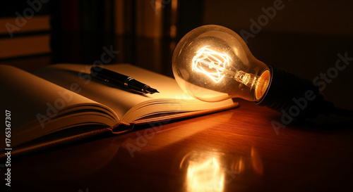 The warm glow of an incandescent bulb illuminates an open book, symbolizing the spark of an idea and the pursuit of knowledge
