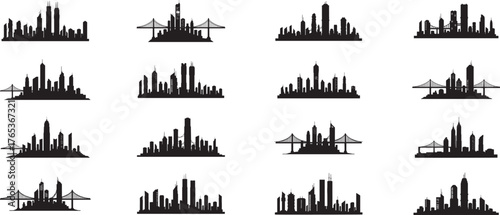 Collection of stylized urban skyline silhouettes representing diverse cityscapes for graphic design projects and architectural concepts vector