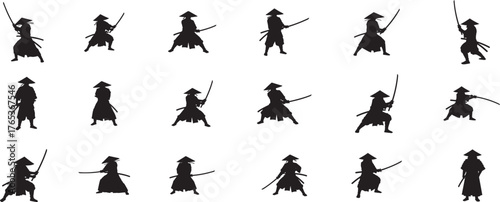 Collection of samurai silhouettes in dynamic poses with swords ready for action diverse poses and styles depicting warrior stance vector