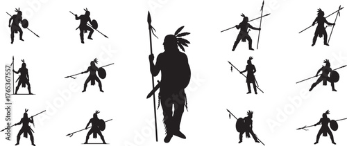 Collection of silhouetted native american warriors in action poses holding spears and shields demonstrating cultural heritage and strength vector