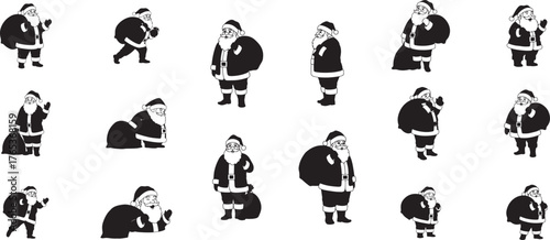Collection of diverse santa claus silhouettes posed in various merry christmas poses holding gift bags and sacks for holiday projects vector