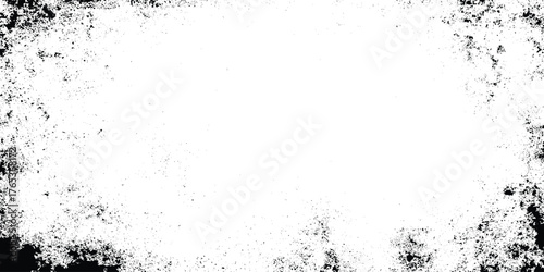Grunge dust edge frame background, black and white speckle texture with rough noise border and retro distressed vignette.