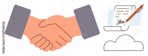 Two hands shaking, signed document with a pen, and cloud icon represent partnership, collaboration, trust, business deal, contract signing, digital agreement and online communication. Ideal