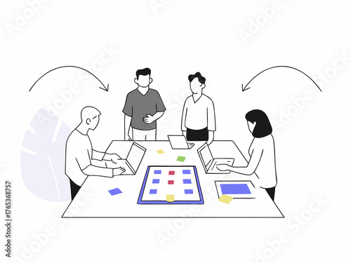 Group collaboration on new product strategy in coworking space flat design