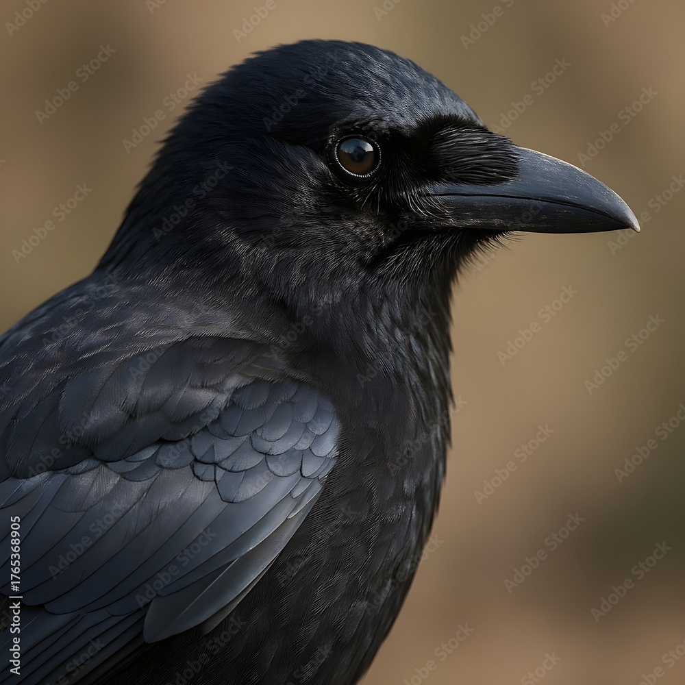 Naklejka premium Close-up Portrait of a Black Crow in Natural Light