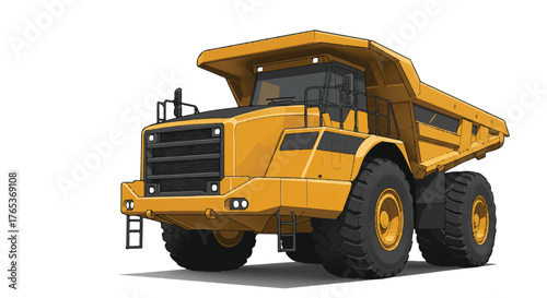 A large yellow dump truck on a clean white background with cinematic lighting.