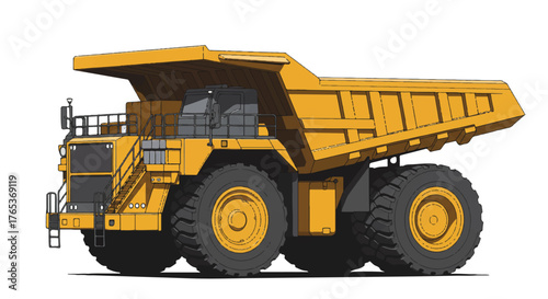 Side view of a large yellow mining dump truck on a white background.