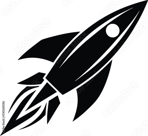 Vector art of black silhouette of a rocket ship launching with flames and smoke coming out of the engine
