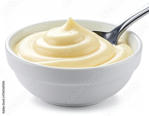 Creamy dessert in bowl, spoon present