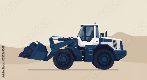 Illustration of a blue and white wheel loader in a desert landscape with sandy hills.
