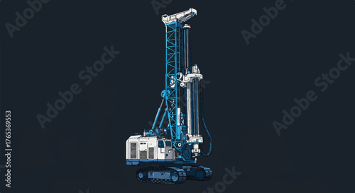 Detailed blueprint-style illustration of a drilling rig on a dark background.