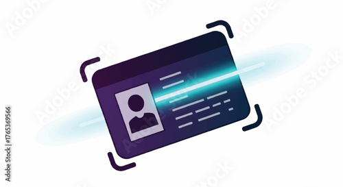 Digital ID card with glowing blue lines on a purple background.