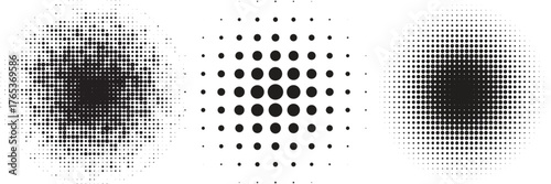 Halftone gradient set. Dotted textured round and square patterns. Cartoon faded background collection. Pixelated bitmap element pack for frame, poster, collage, banner. Vector comic bundle