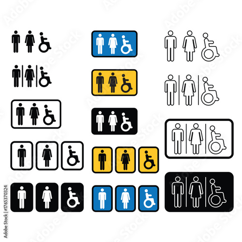 Toilet sign vector with man, woman and disabled wheelchair symbol in a glyph pictogram illustration