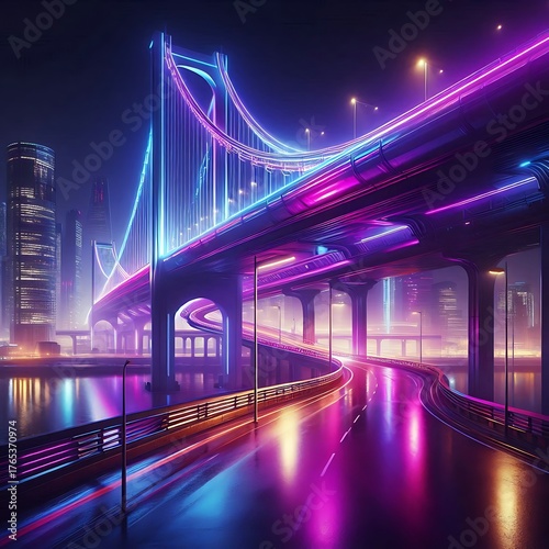 City bridge glowing with purple neon lights reflecting on wet road at night.