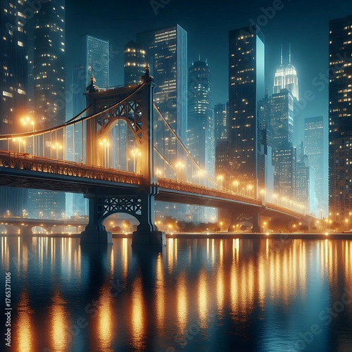 Night city bridge glowing with lights and reflections over calm water.