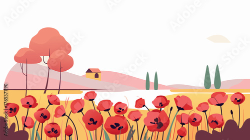 Idyllic Summer Poppy Field at Sunset Landscape Illustration