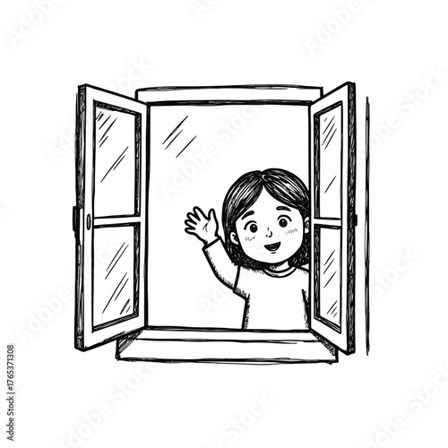 Child waving cheerfully from window, joy and connection