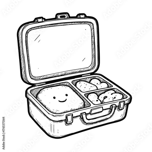 Whimsical lunchbox sketch with cheerful snacks, playful design