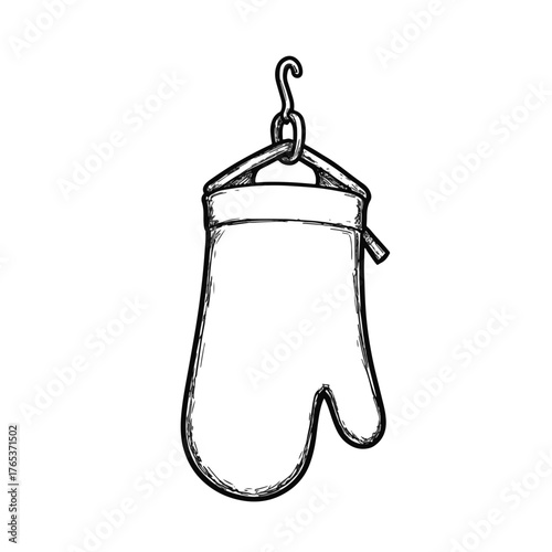 Hand-drawn oven mitt hanging on hook, kitchen decor concept.