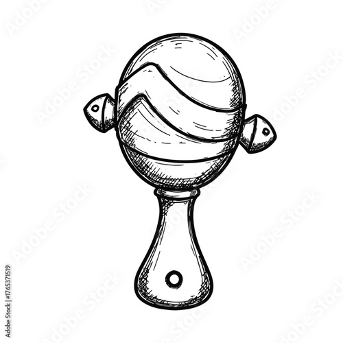 Hand-drawn rattle toy with bells on white background, playful concept