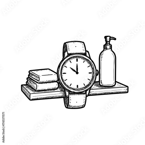 Sketch of a wristwatch on a bathroom shelf with towels, relaxation