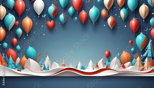 Blue background with a bunch of balloons and trees