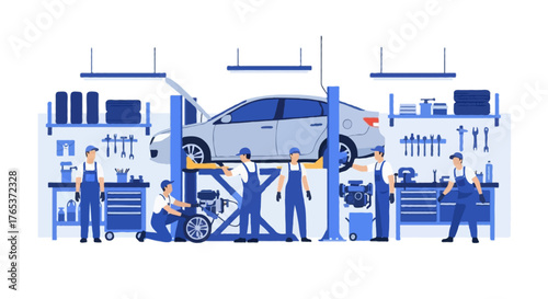 Flat vector illustration of faceless car mechanics working together in an auto repair workshop, car lifted on hydraulic platform, multiple workers fixing and checking vehicle parts